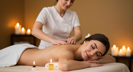 Beautiful young woman enjoying back massage in spa salon. Beauty treatment conceptの素材