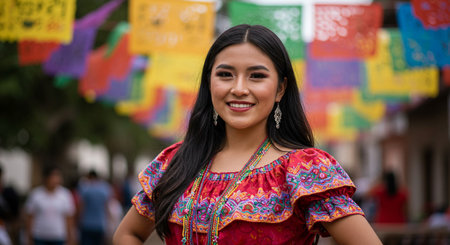 Young beautiful asian woman in traditional costume at the street festival.の素材