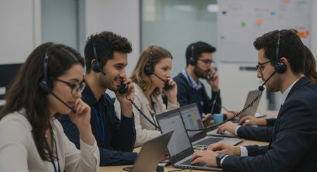 Business people wearing headset working in office to support remote customer or colleague. Call center, telemarketing, customer support agent provide service onの素材