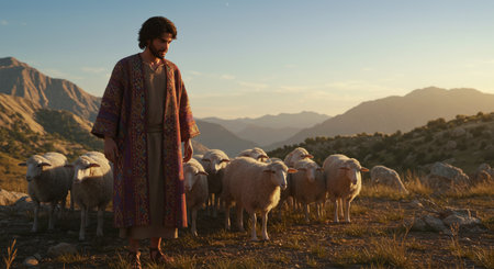 Shepherd with flock of sheep on the background of mountains at sunsetの素材
