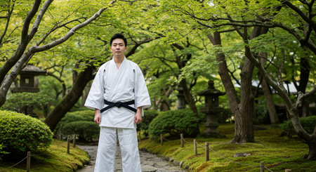 Japanese man practicing karate in a garden in Kyoto, Japan.の素材