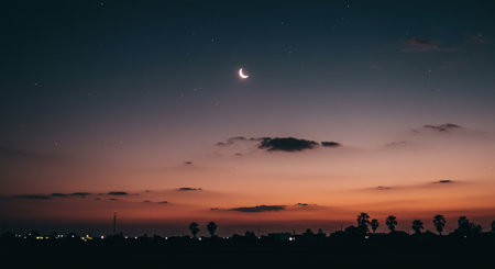Moon and stars in the night sky with silhouette of palm trees.の素材