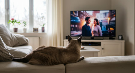 Cat lying on sofa watching tv in living room at home and watching movieの素材