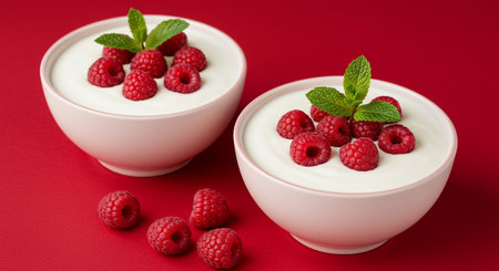 Yogurt with raspberries and mint on a red backgroundの素材