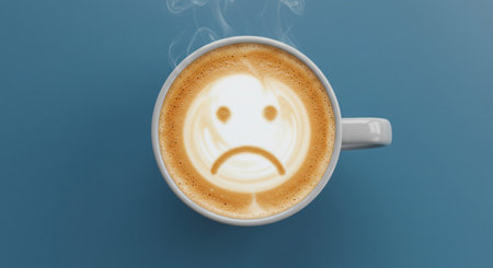 Sad face in a cup of cappuccino on blue backgroundの素材