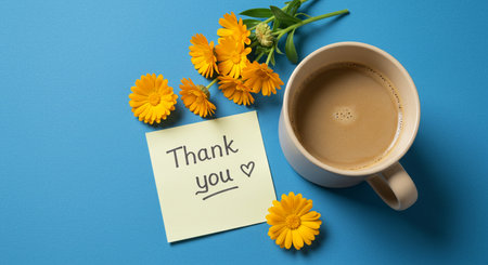 Cup of coffee and calendula flowers on blue background.の素材