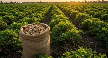 Peanut in sack bag on soybean field at sunset, agricultureの素材