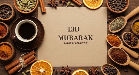 Spices and herbs on wooden background. Food and cuisine ingredients.の素材