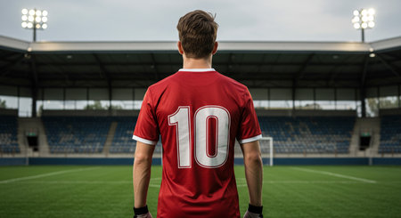Rear view of sportsman in red jersey standing at football stadiumの素材