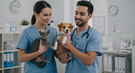 selective focus of happy veterinarian holding cat and dog in vet clinicの素材