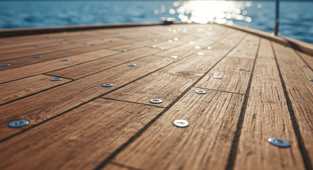Wooden deck of a boat in the sea. Selective focus.の素材