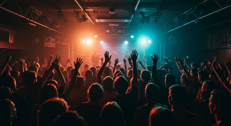 Concert crowd in front of a stage with hands raised at a music festivalの素材
