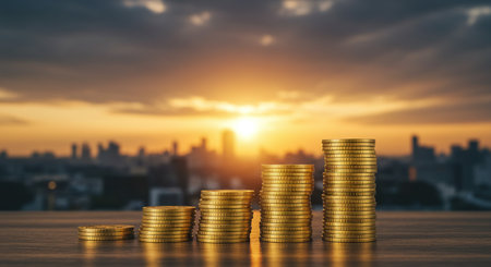 Stacks of coins on wooden table with cityscape and sunset backgroundの素材