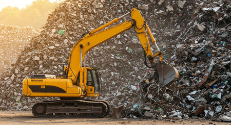 excavator working at a construction site with piles of iron wasteの素材
