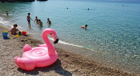 Flamingo on the beach with people swimming on the background.の素材
