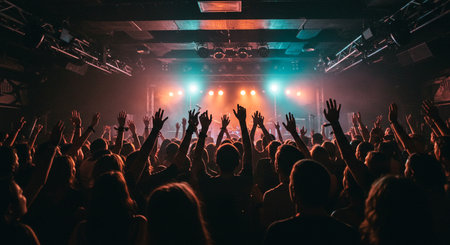 Crowd at concert in front of bright stage lights with raised handsの素材