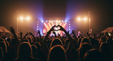 Crowd with hands in the shape of a heart at a concertの素材