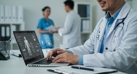 Medical doctor working with laptop computer in hospital office while examining patient. Medical technology and network concept.の素材