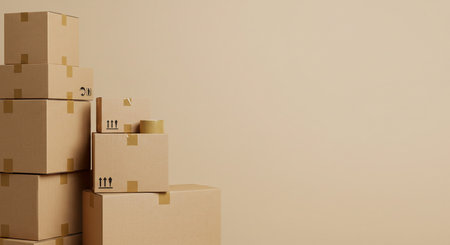 Stack of cardboard boxes on beige background. 3D illustration.の素材