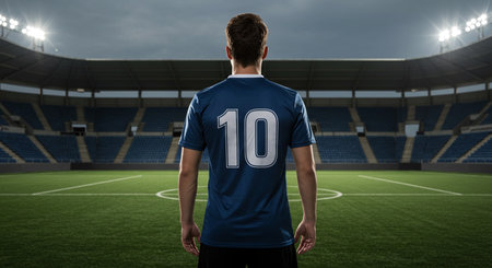 Soccer player standing with hands in pockets against rugby stadium at nightの素材