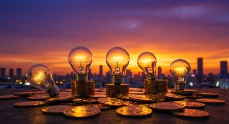 Light bulb and coin stack with cityscape background, Business idea conceptの素材