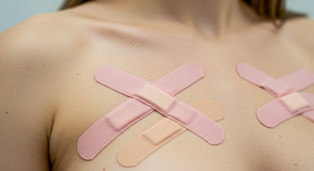 Close-up of a woman with a pink adhesive bandage on her shoulderの素材