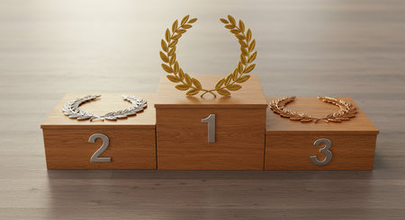 Winners podium with golden laurel wreath on wooden background 3D renderingの素材