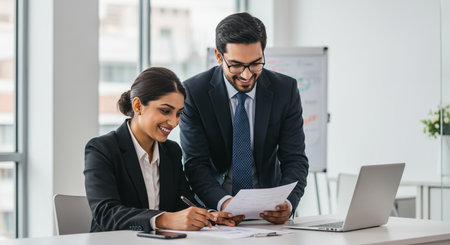 smiling business partners discussing documents and ideas at workplace in modern officeの素材