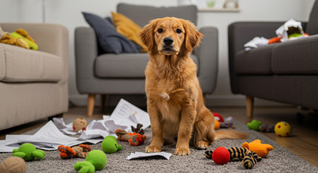 Cute Golden Retriever sitting on the floor in the living room.の素材