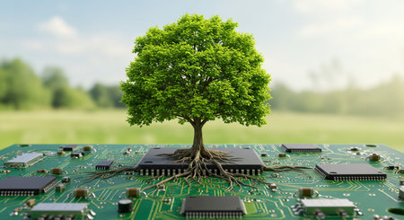 Computer chip with tree as a symbol of nature protection. 3d illustrationの素材