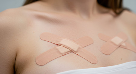 Close-up of a woman with an adhesive bandage on her shoulderの素材