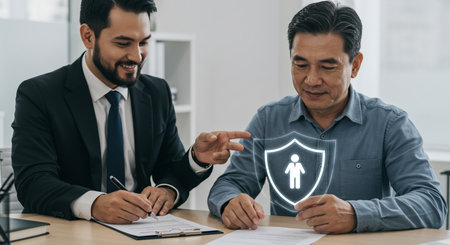 Insurance agent and customer signing contract in office. Young Asian man and Caucasian woman sitting at table. Insurance conceptの素材