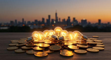 Coins and lightbulb on wooden table with cityscape backgroundの素材
