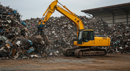 excavator unloading garbage into a dumpster in a recycling plantの素材