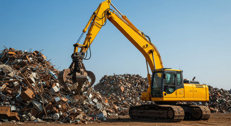 A large yellow excavator digs a pile of scrap metal for recyclingの素材