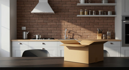 Cardboard box on wooden table in modern kitchen. 3d renderingの素材