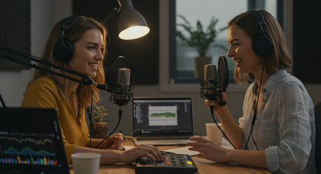 young female radio host talking to colleague in recording studio with microphone and laptopの素材