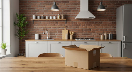 Cardboard box on wooden table in modern kitchen. Mock up, 3D Renderingの素材