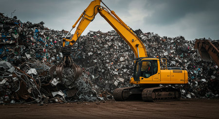 Big yellow excavator working in a large pile of garbage. Recycling conceptの素材