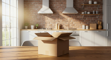 Open cardboard box on wooden table in modern kitchen interior with brick wall and daylight. 3D Renderingの素材