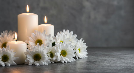 Beautiful chrysanthemum flowers and candles on grey backgroundの素材