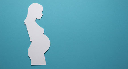 Pregnant woman silhouette on a blue background. Copy space.の素材