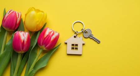 Key with keychain in the form of a house and a bouquet of tulips on a yellow backgroundの素材