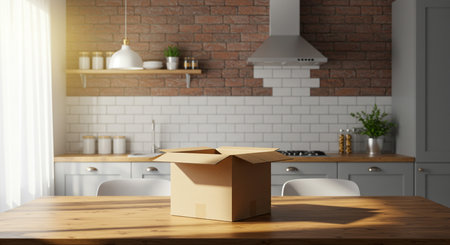Cardboard box on wooden table in modern kitchen. Mock up, 3D Renderingの素材