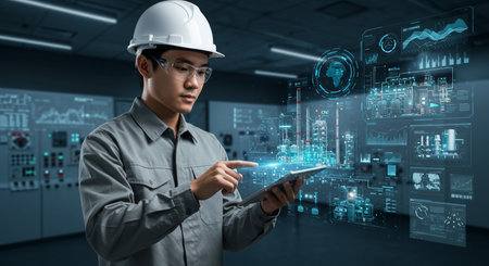 Engineer using tablet pc in modern office. Mixed media. Mixed mediaの素材