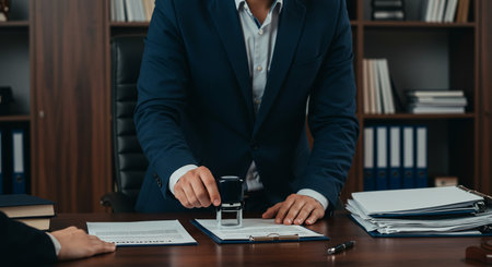 Cropped view of lawyer sitting at desk in office and signing contractの素材