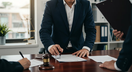cropped view of lawyer pointing with pen at contract papers near colleague in officeの素材