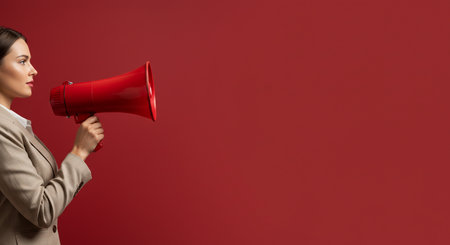 Young businesswoman screaming in megaphone on red background with copy spaceの素材
