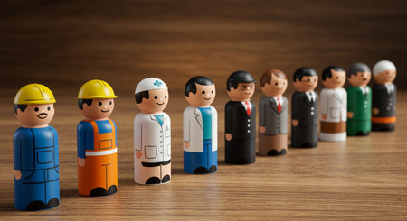Miniature people engineer and architect in a row on wooden background.の素材
