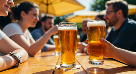 Group of friends drinking beer and having fun in a pub. Selective focus.の素材